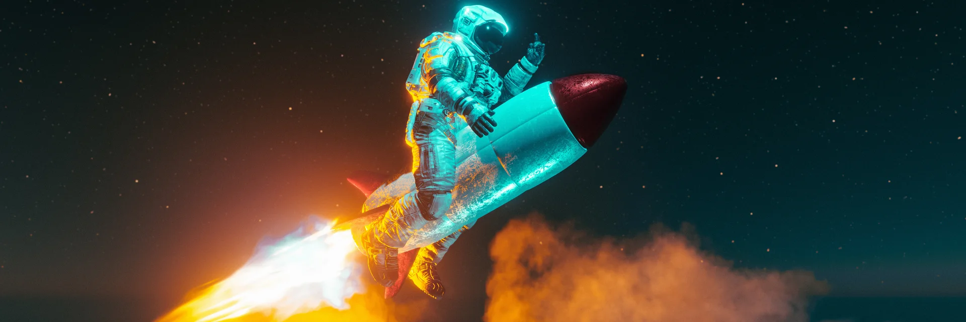 Ein Astronaut sitzt auf einer Rakete, die abhebt.