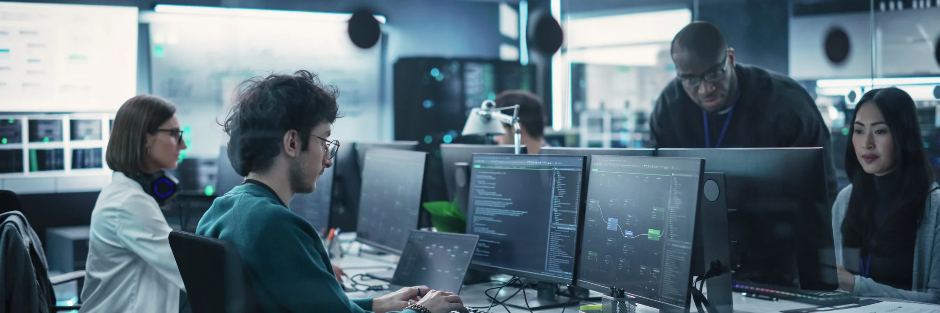 Ein Team von Entwicklern arbeiten in einem Büro an Computern