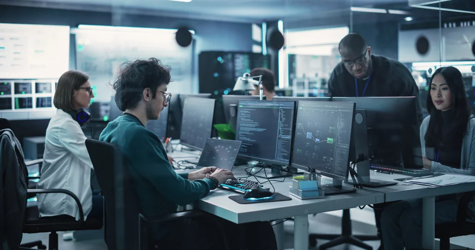 Ein Team von Entwicklern arbeiten in einem Büro an Computern